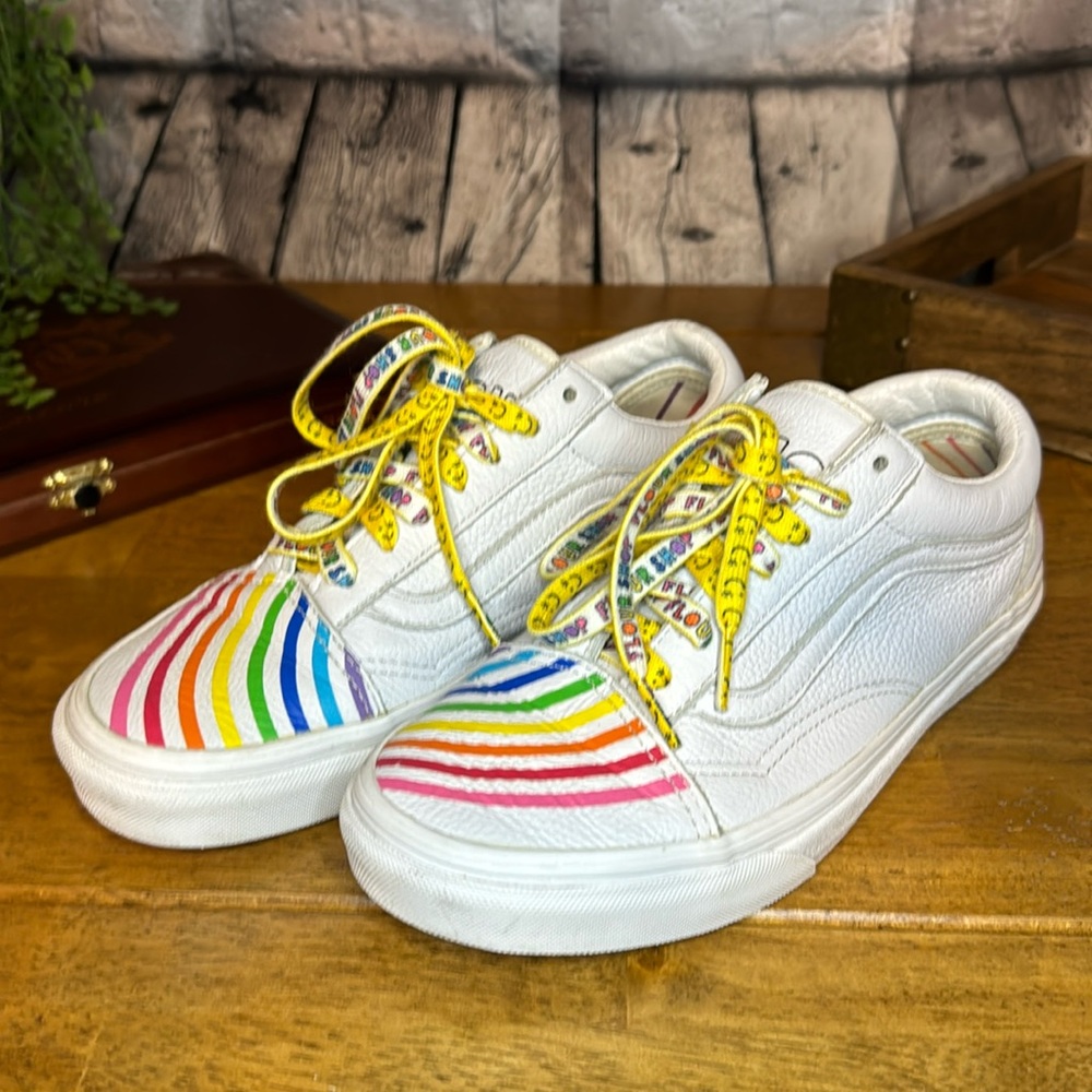 Vans flour shop white leather and rainbow sneakers women’s 7 or mens 5.5